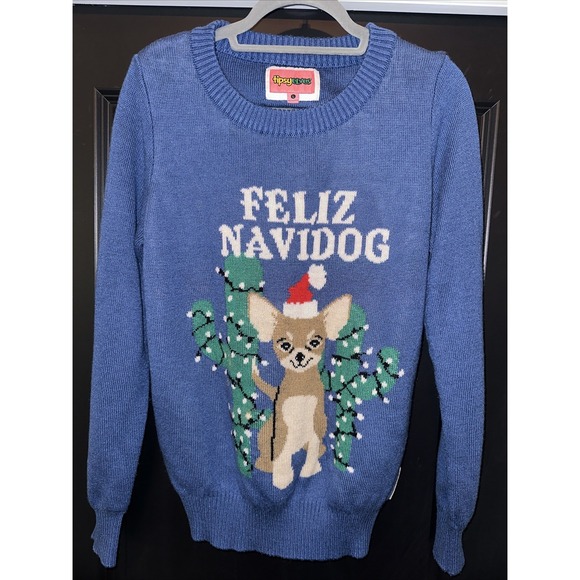 Tipsy Elves‎ Christmas Dog Sweater Feliz Navidog Women's Size L - Picture 1 of 8